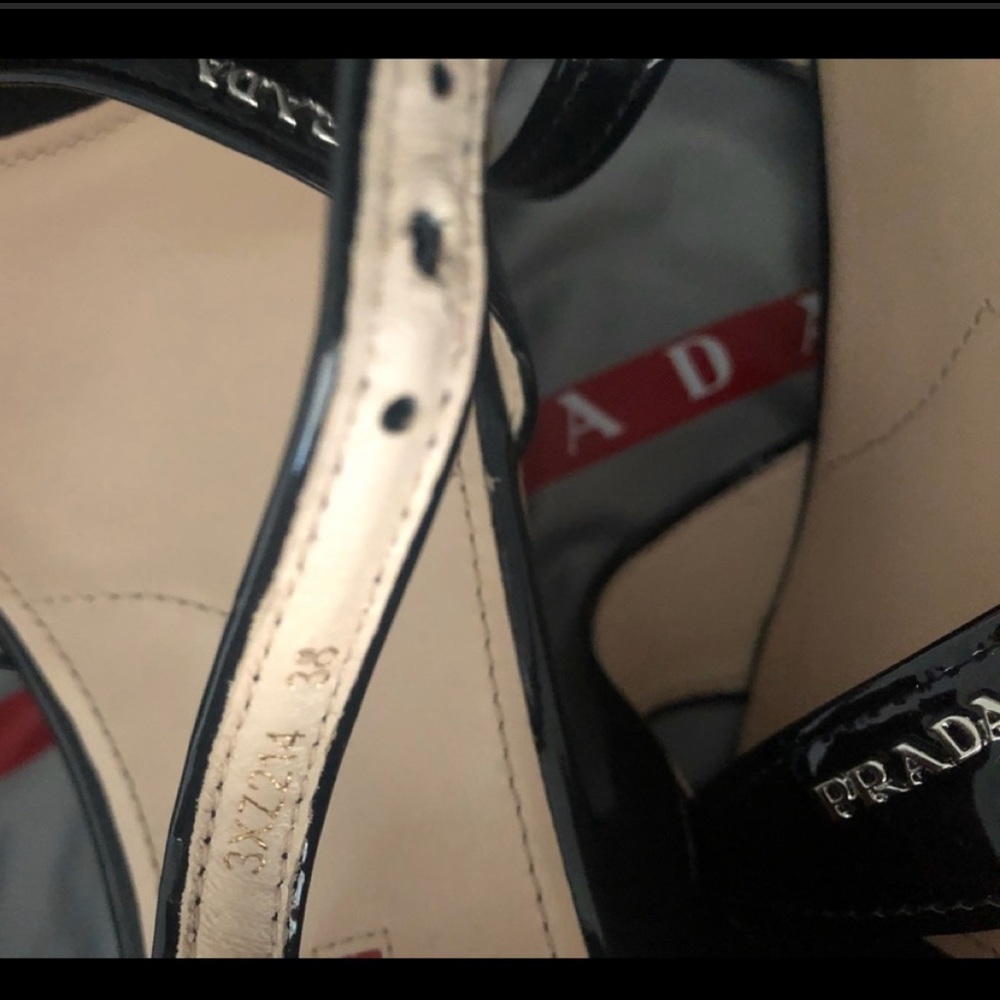 Prada Donna Black Patent Wedge Sandals, Size 8 - image 4